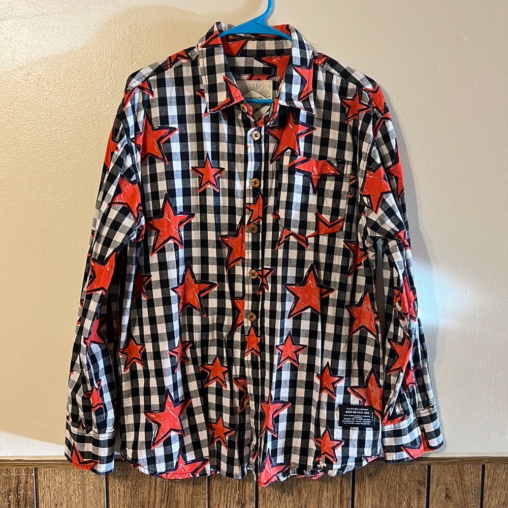 Men's Decibel Plaid with Red Stars Long Sleeve Shirt Size 2XL